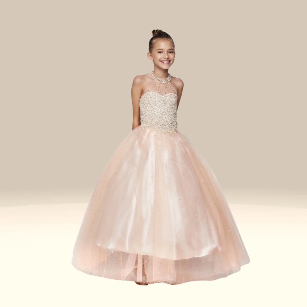 Girls halter top pearl beaded pageant dress